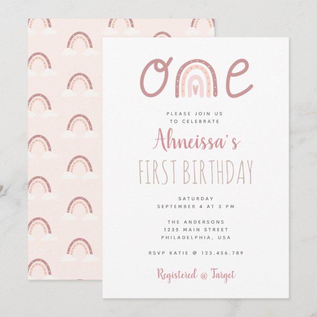 Pastel Pink Rainbow Cloud First Birthday Invitation (Front/Back)