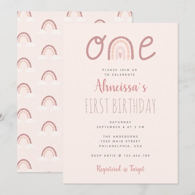 Pastel Pink Rainbow Clouds First Birthday Invitation (Front/Back)