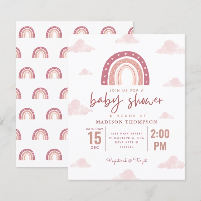 Pastel Pink Rainbow Clouds Girl Baby Shower Invita (Front/Back)