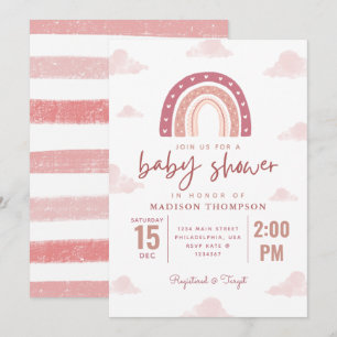Pastel Pink Rainbow Clouds Girl Baby Shower Stripe Invitation
