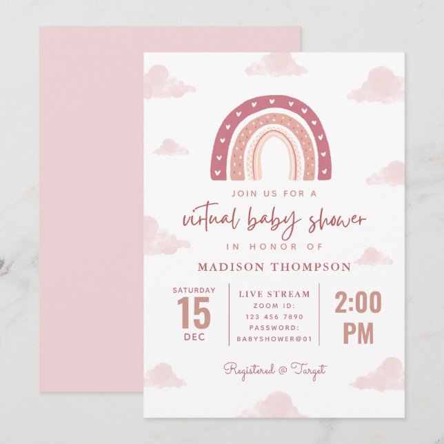Pastel Pink Rainbow Clouds Virtual Baby Shower Invitation (Front/Back)