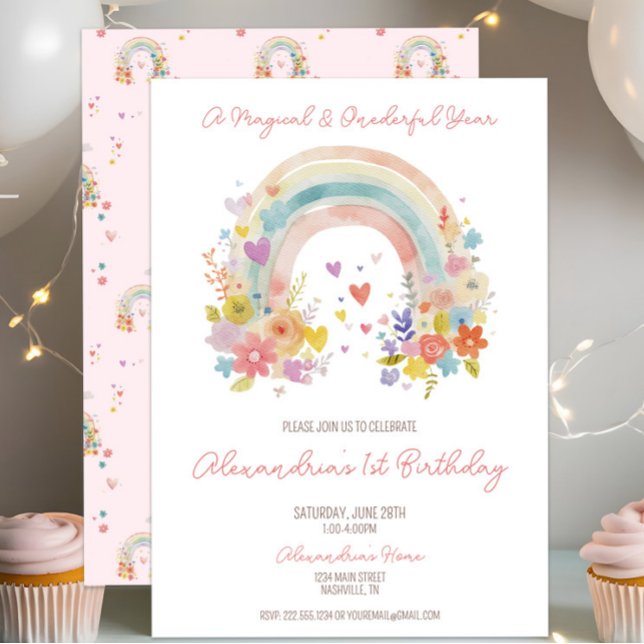 Pastel Pink Rainbow Floral 1st Birthday Invitation (Celebrate a magical, whimsical first birthday with a boho floral, pastel rainbow invitation! )