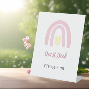 Pastel Pink Rainbow Girl Baby Shower Guest Book Pedestal Sign