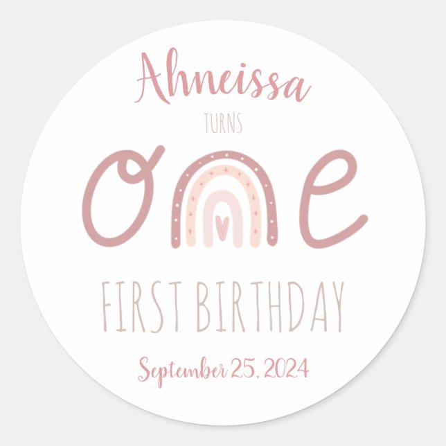 Pastel Pink Rainbow One First Birthday Classic Round Sticker (Front)