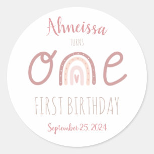 Pastel Pink Rainbow One First Birthday Classic Round Sticker