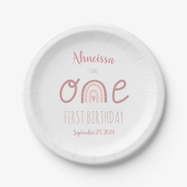 Pastel Pink Rainbow One First Birthday Paper Plate (Front)