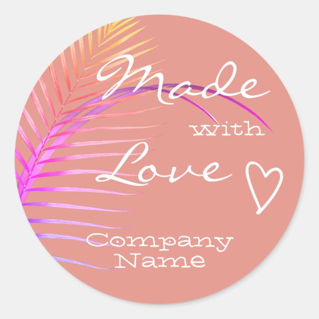 Pastel Pink Rainbow Palm Tree Leaf Made with Love Classic Round Sticker (Front)