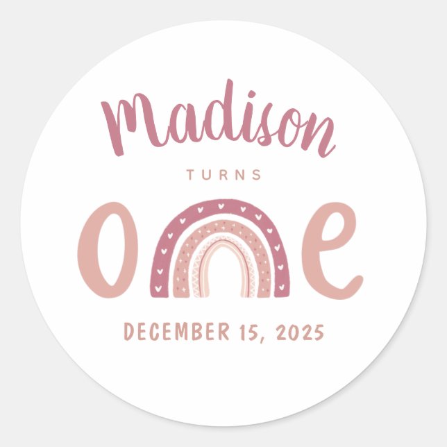 Pastel Pink Rainbow Your Name Turns One Birthday Classic Round Sticker (Front)