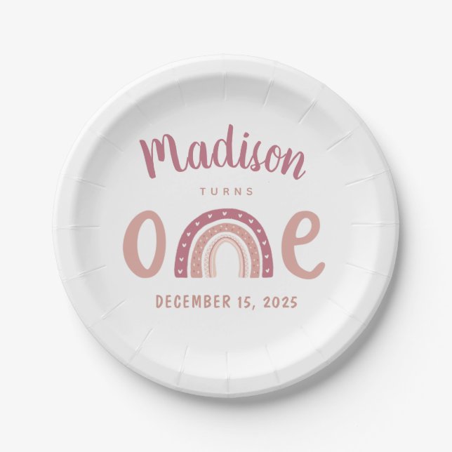 Pastel Pink Rainbow Your Name Turns One Birthday Paper Plate (Front)