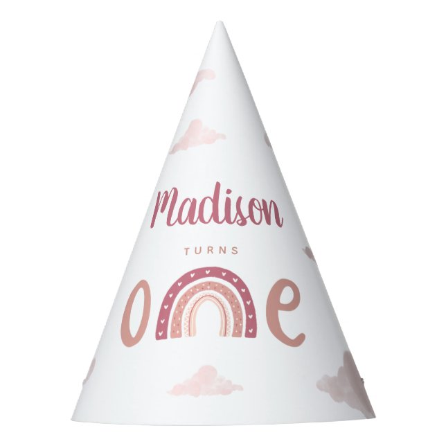 Pastel Pink Rainbow Your Name Turns One Birthday Party Hat (Front)