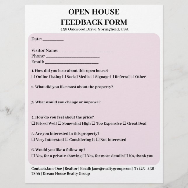 Pastel Pink  Real Estate Open House Feedback Form Flyer (Front)