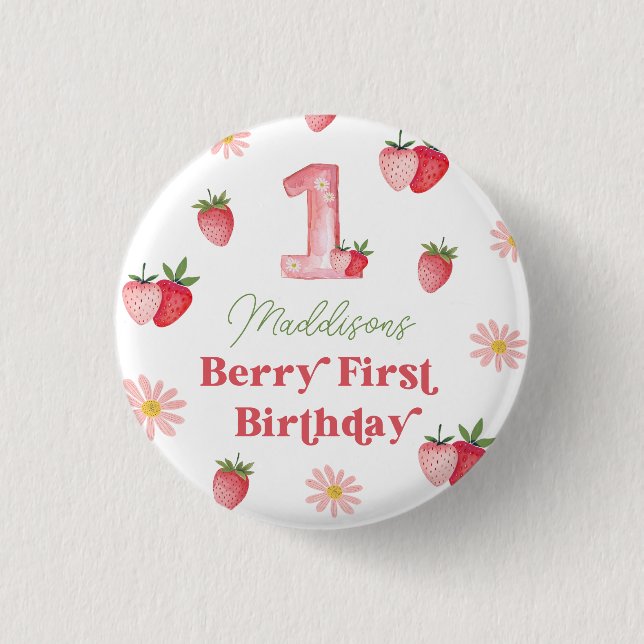 Pastel Pink & Red Berry First Strawberry Birthday  3 Cm Round Badge (Front)