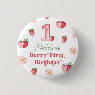 Pastel Pink & Red Berry First Strawberry Birthday  3 Cm Round Badge