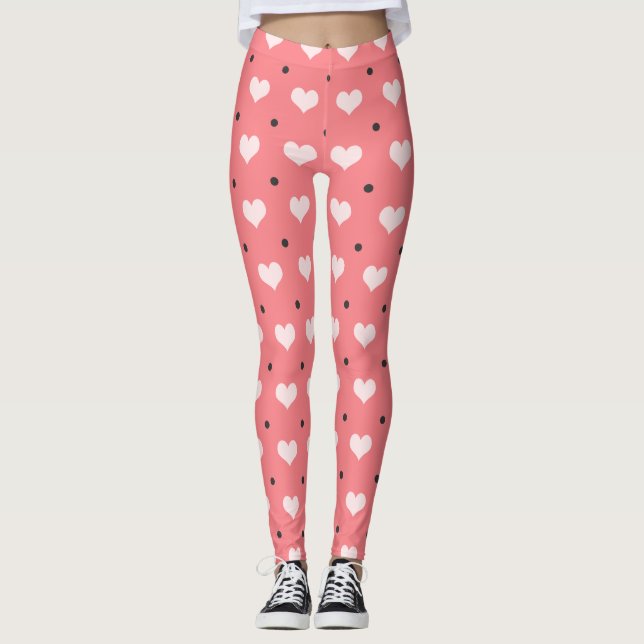 pastel pink red hearts, black polka dots pattern leggings (Front)