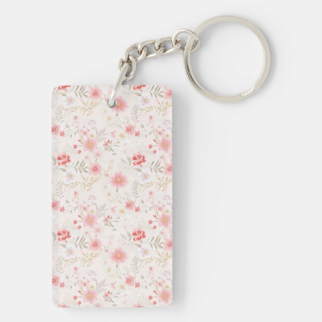Pastel Pink Red White Flowers Pattern Two-sided Key Ring (Back)