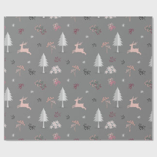 Pastel Pink Reindeer & Grey Woodland Pattern Wrapping Paper