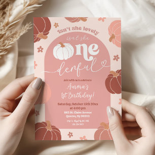 Pastel Pink Retro Pumpkin First Birthday Invitation