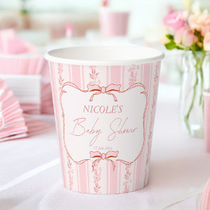 Pastel pink retro stripes baby shower personalised paper cups