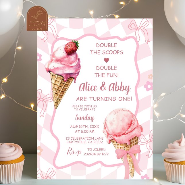 Pastel pink Retro Twins Ice Cream Birthday Invitation (Creator Uploaded)