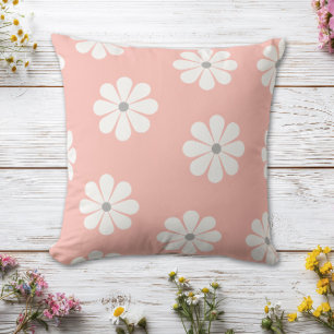Pastel Pink Retro White Daisy Floral Cushion