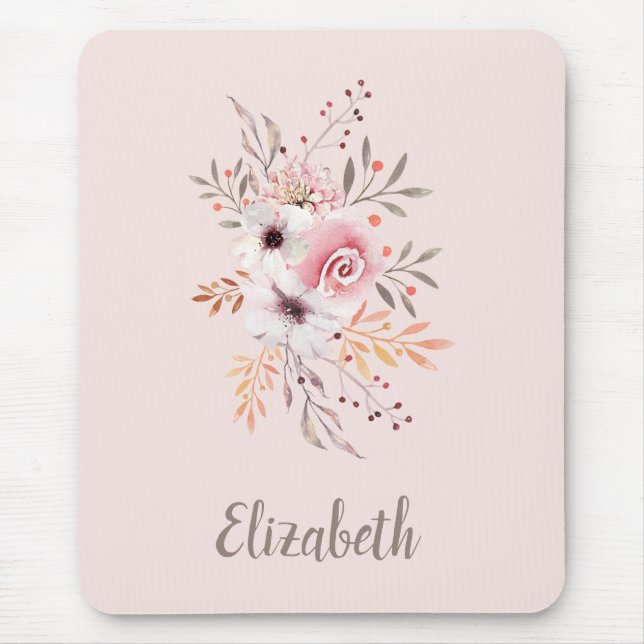Pastel Pink, Rose Floral Bouquet – Personalised Mouse Mat (Front)