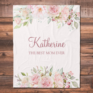 Pastel Pink Rose Flower Floral Best Mum Ever Fleece Blanket