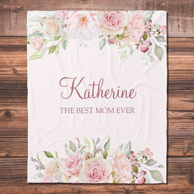 Pastel Pink Rose Flower Floral Best Mum Ever Fleece Blanket (Close up)