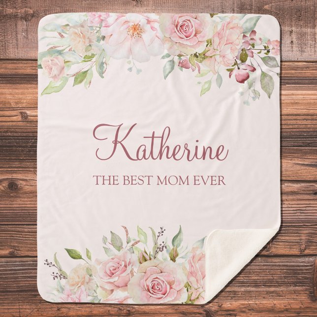 Pastel Pink Rose Flower Floral Best Mum Ever Sherpa Blanket (Close up)