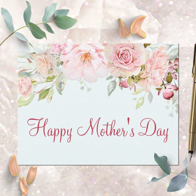 Pastel Pink Rose Flower Floral Happy Mother's Day Postcard (In situ)