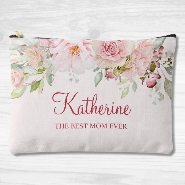 Pastel Pink Rose Flower Floral The Best Mum Ever Accessory Pouch (Close up)