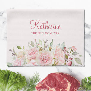 Pastel Pink Rose Flower Floral The Best Mum Ever Tea Towel