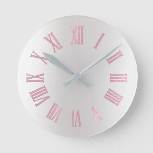 Pastel Pink Rose Grey Silver Ombre Minimal Black Round Clock (Front)