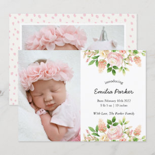 Pastel Pink Rose Modern Elegant Floral Birth Announcement