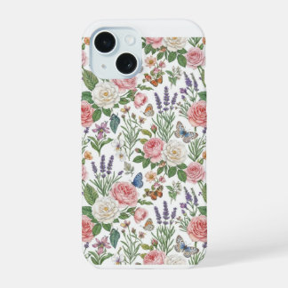Pastel Pink Roses and Lavender Butterfly Vintage F iPhone 15 Case