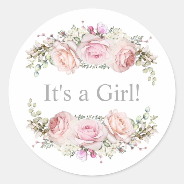 Pastel Pink Roses It's a Girl Classic Round Sticker (Front)