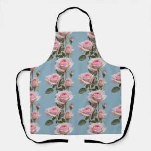 Pastel Pink Roses On A Soft Sky Blue Background Apron