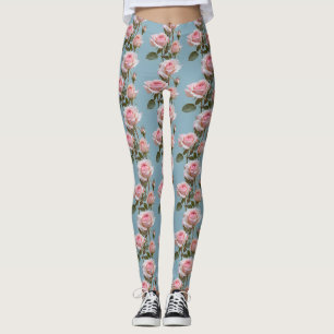 Pastel Pink Roses On A Soft Sky Blue Background  Leggings