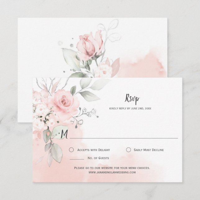 Pastel Pink Roses Pale Pink Watercolor Wash RSVP Card (Front/Back)