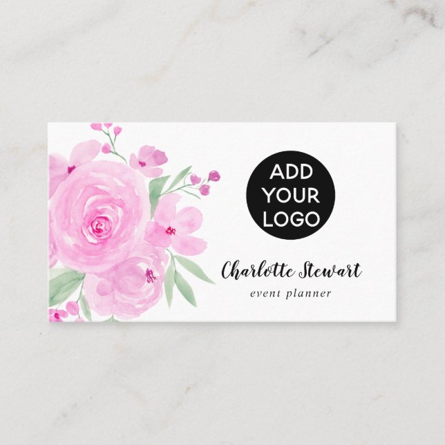 Pastel pink roses watercolor event planner logo business card (Front)