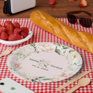 Pastel pink roses watercolors wreath paper plate