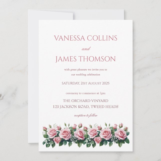 Pastel Pink Roses Wedding Invitation  (Front)