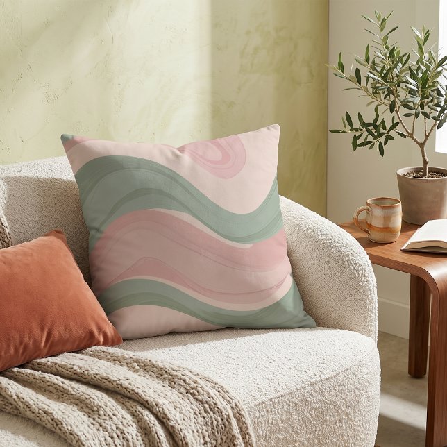 Pastel Pink Sage Green Abstract Wavy Pattern Cushion (Creator Uploaded)