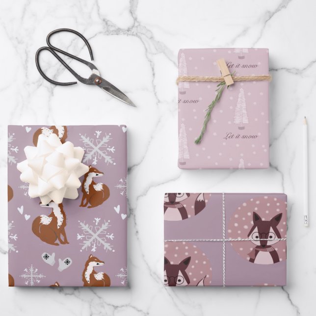 Pastel pink Scandinavian Fox winter Wrapping Paper Sheet (Front)