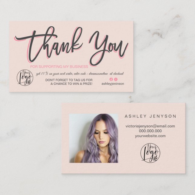 Pastel pink script photo logo order thank you business card (Front/Back)