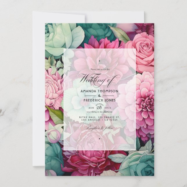Pastel Pink, Sea Green and Merlot Summer Wedding Invitation (Front)
