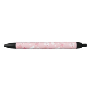 Pastel Pink Sea Shells and Coral Seamless Pattern Black Ink Pen