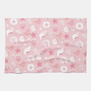 Pastel Pink Sea Shells and Coral Seamless Pattern Tea Towel