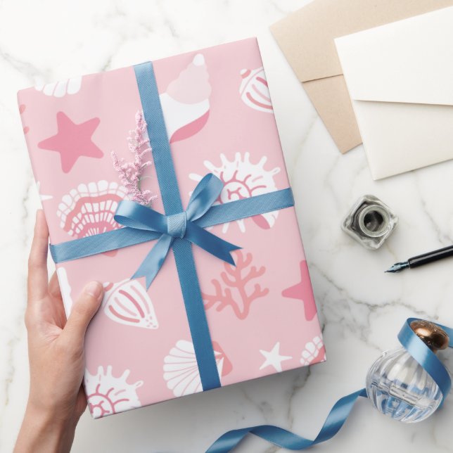 Pastel Pink Sea Shells and Coral Seamless Pattern Wrapping Paper (Gifting)