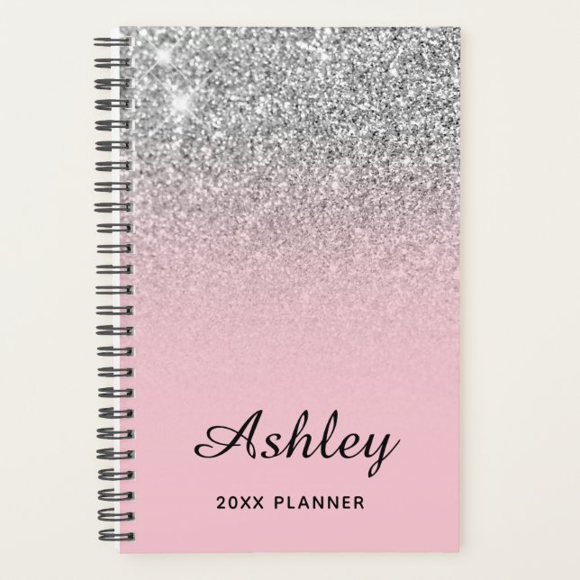 Pastel Pink Silver Glitter Ombre Personalised Planner (Front)