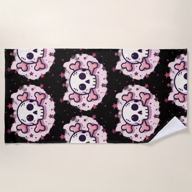 Pastel Pink Skull and Crossbones Beach Towel (Front)